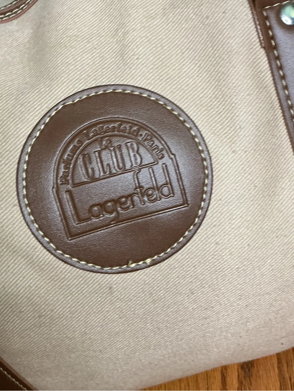 Lagerfeld “Club Parfums” Vintage Travel Tote Tan Canvas with Brown Trim